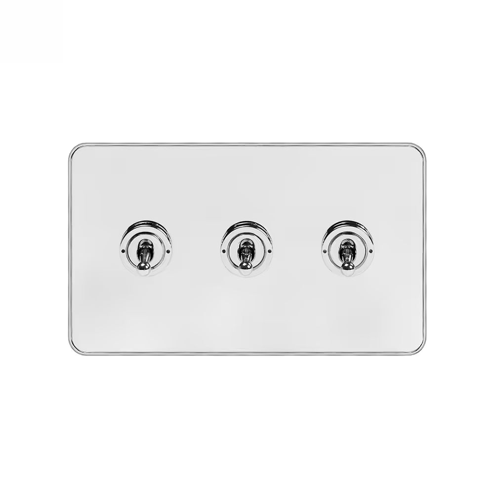 Soho Lighting 3 Gang 2 Way Toggle Switch - White Metal & Polished Chrome Screwless Finish Uneeka