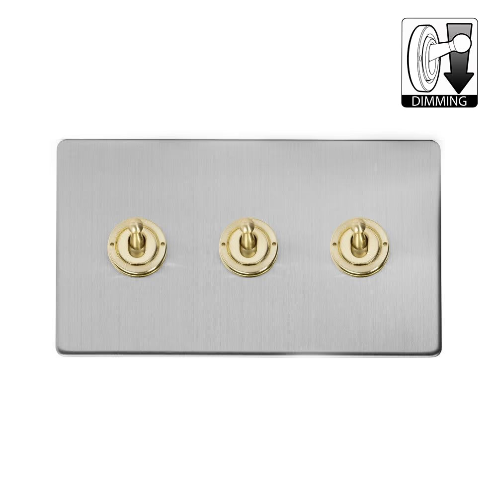 Soho Lighting 3 Gang Dimming Toggle Switch - Brushed Chrome & Brushed Brass Uneeka
