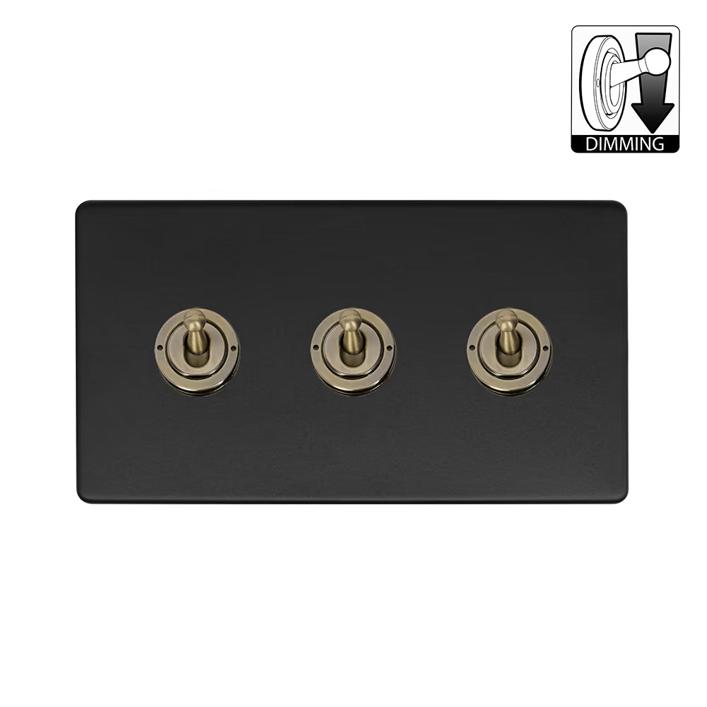 Soho Lighting 3 Gang Dimming Toggle Switch - Matt Black & Antique Brass - Uneeka