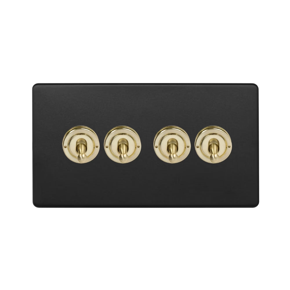 Soho Lighting 4 Gang 2 Way Toggle Switch - Matt Black & Brushed Brass Screwless Uneeka