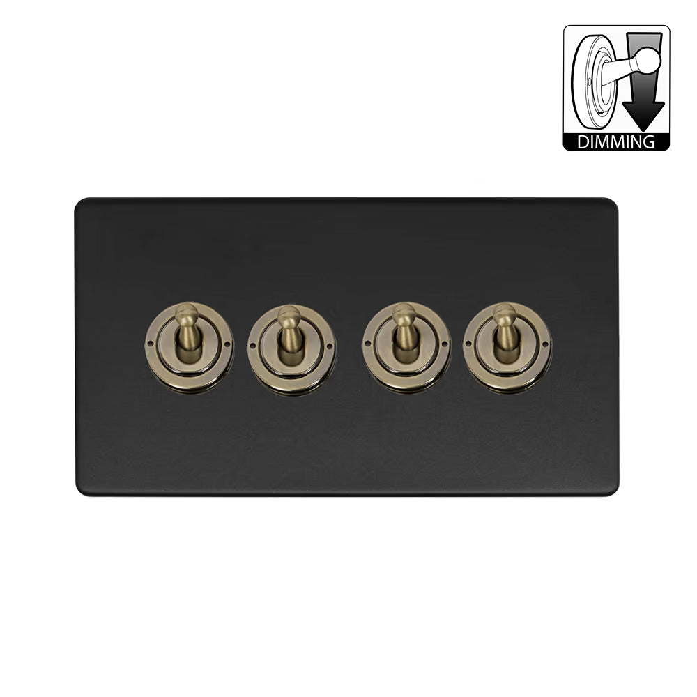 Soho Lighting 4 Gang Dimming Toggle Switch - Matt Black & Antique Brass Uneeka