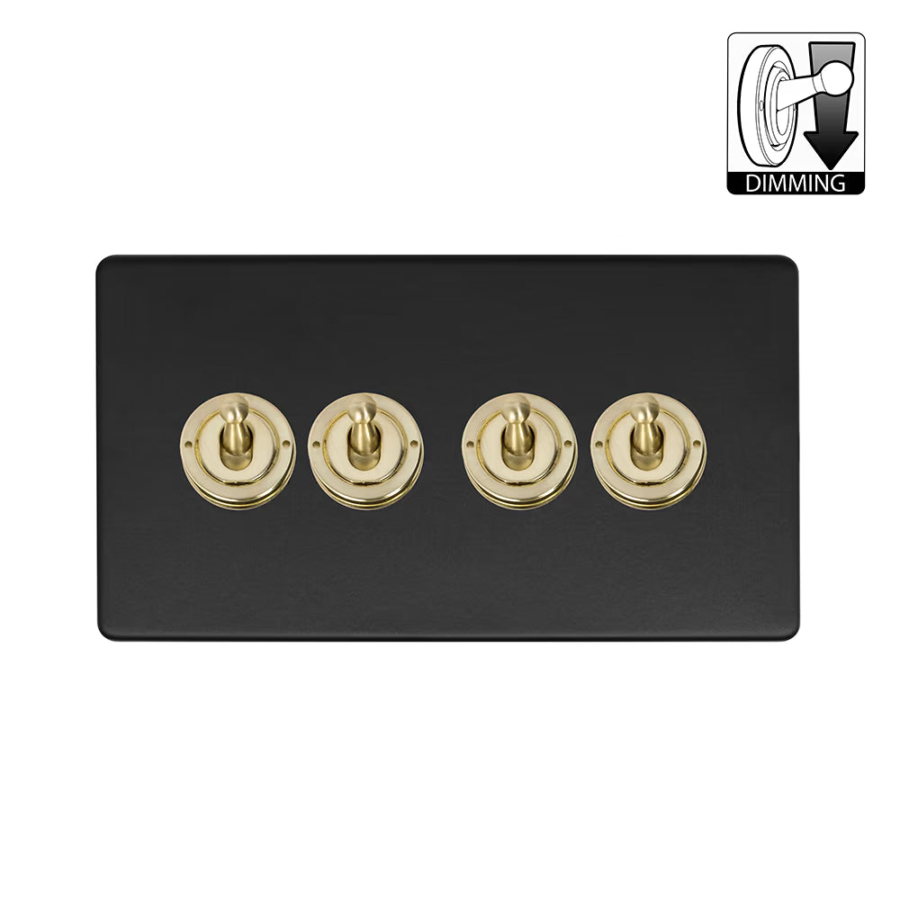 Soho Lighting 4 Gang Dimming Toggle Switch - Matt Black & Brushed Brass - Uneeka