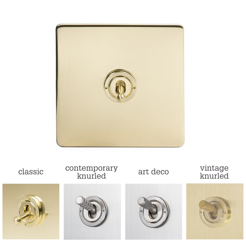 Soho Lighting 1 Gang 2 Way Toggle Switch Brushed Brass Screwless Finish Uneeka