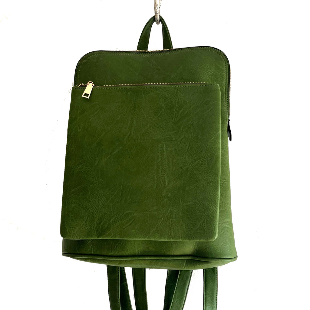 Square Faux Leather Backpack / Side Bag Green Olive