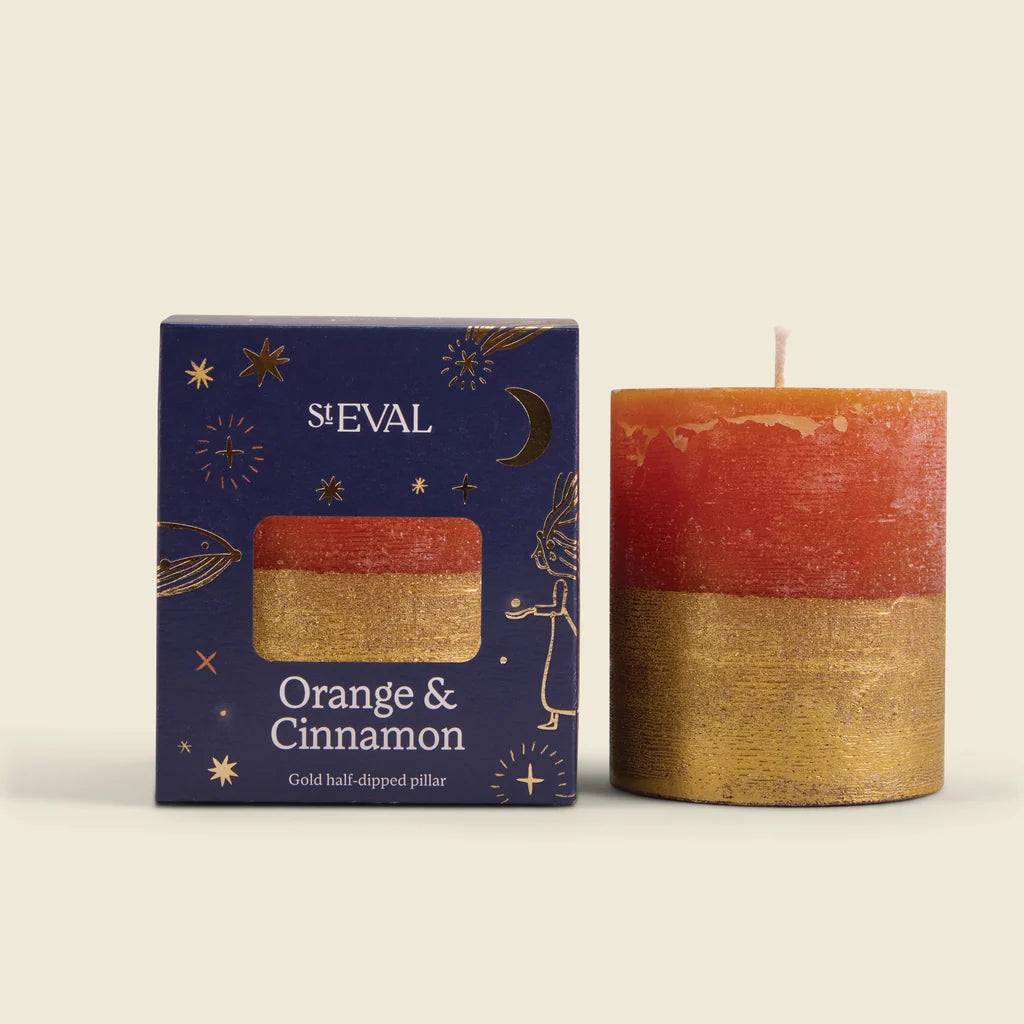 St Eval Gold Half Dipped Pillar Candle Orange & Cinnamon - Uneeka