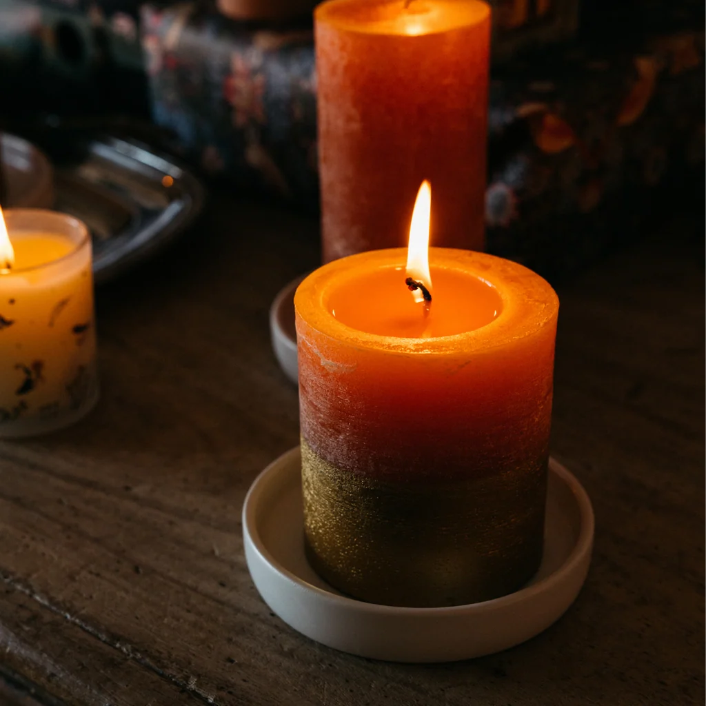 St Eval Gold Half Dipped Pillar Candle Orange & Cinnamon - Uneeka