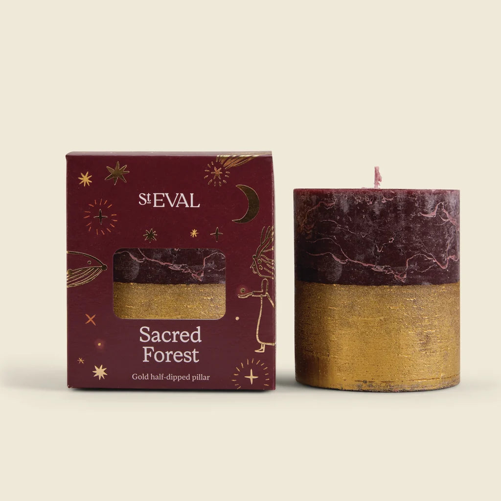 St Eval Gold Half Dipped Pillar Candle Sacred Forest - Uneeka