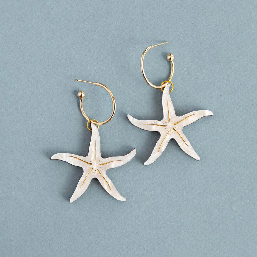 Starfish Statement Hoops - Pearly White Acrylic & FSC Certified Wood - Uneeka