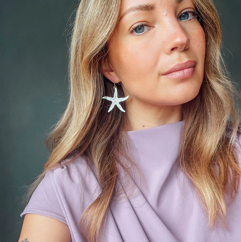 Starfish Statement Hoops - Pearly White Acrylic & FSC Certified Wood - Uneeka