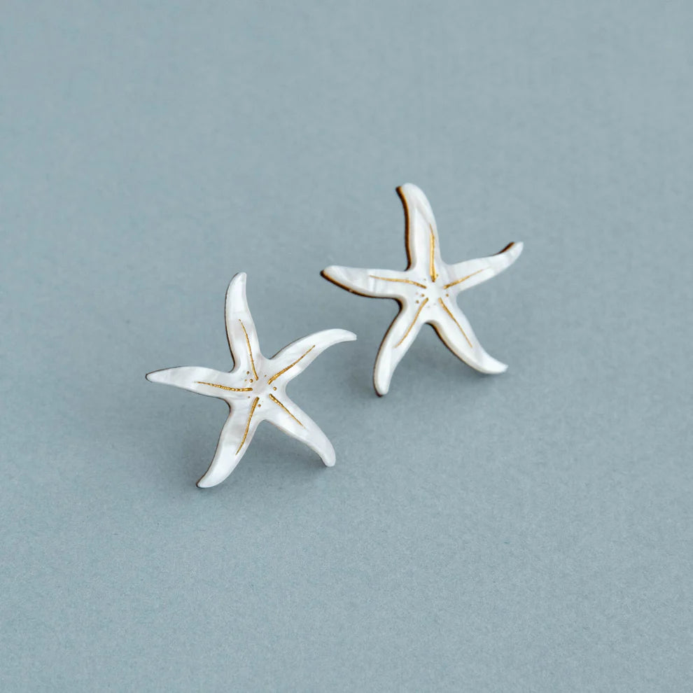 Starfish Stud Earrings - pearly White Acrylic - Uneeka