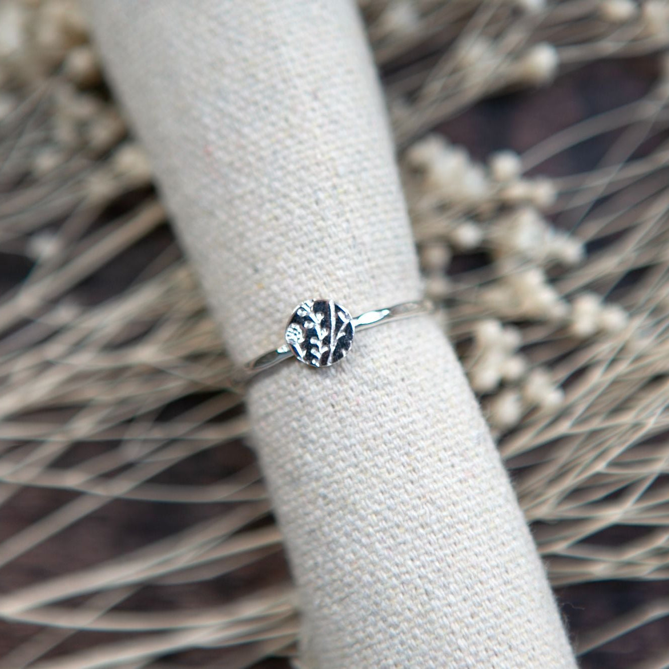 Sterling Silver Stamped Disc Ring - Stamped Disc Wildflower - Uneeka