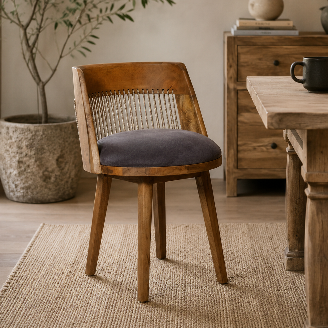 String Back Mango Wood Chair With Velvet Seat - 2862H - Uneeka