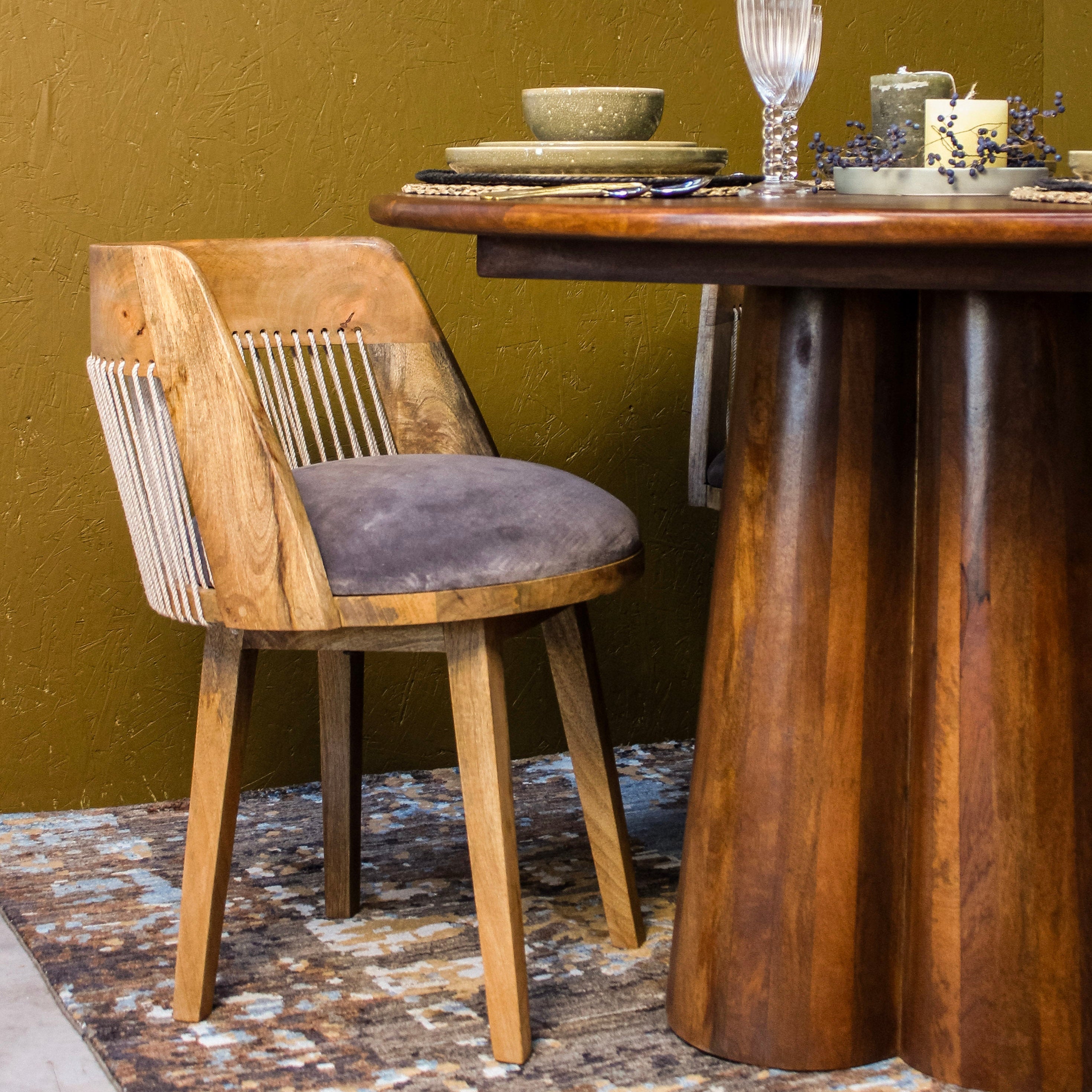 String Back Mango Wood Chair With Velvet Seat - Uneeka