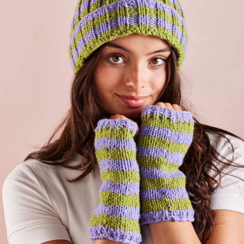 Striped Chunky Knit Bobble Hat & Gloves - Green & Lilac - Uneeka
