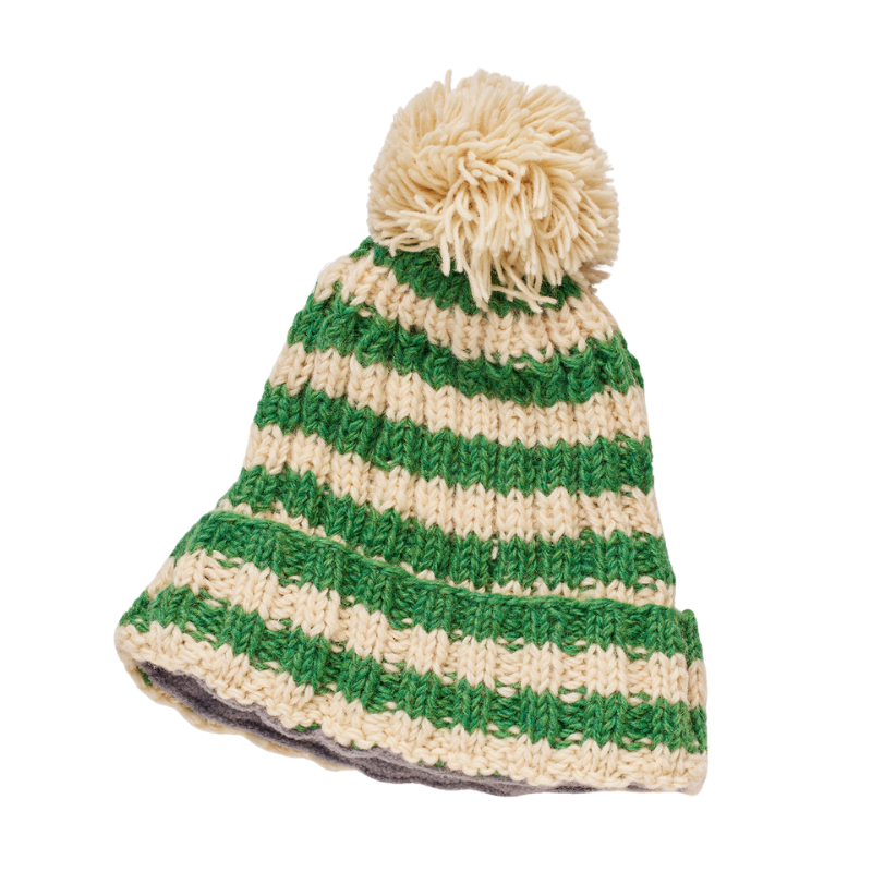 Striped Chunky Knit Bobble Hat - Green & Cream - Uneeka