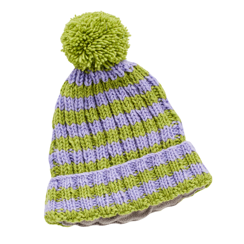 Striped Chunky Knit Bobble Hat - Green & Lilac - Uneeka