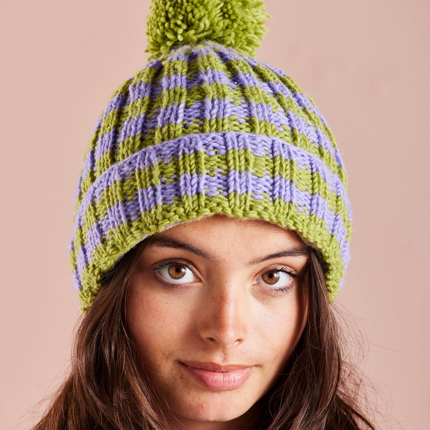 Striped Chunky Knit Bobble Hat - Green & Lilac - Uneeka