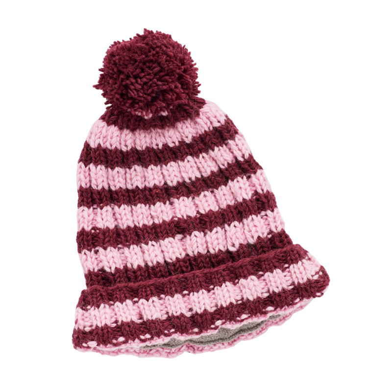 Striped Chunky Knit Bobble Hat - Pink & Burgundy - Uneeka