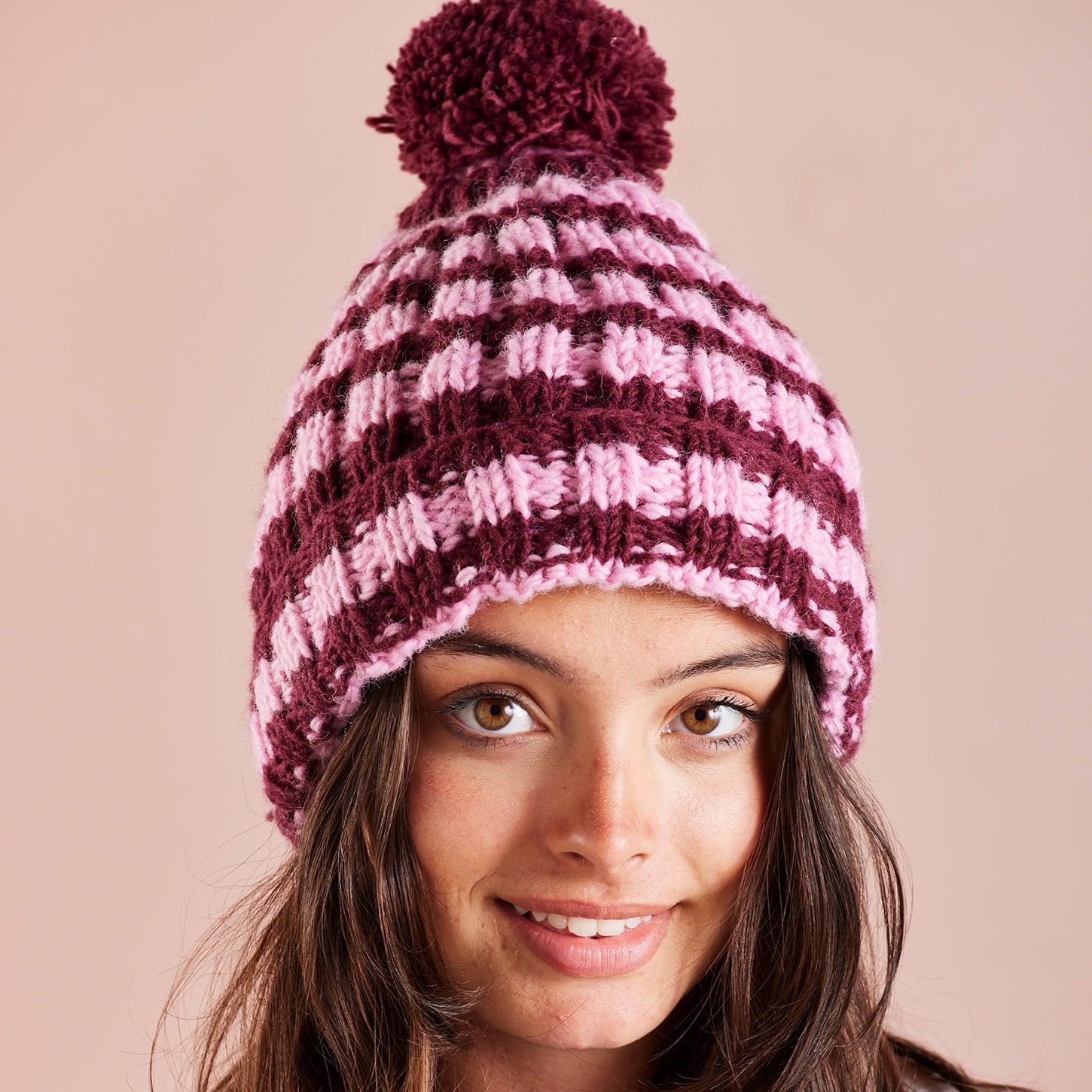 Striped Chunky Knit Bobble Hat - Pink & Burgundy - Uneeka