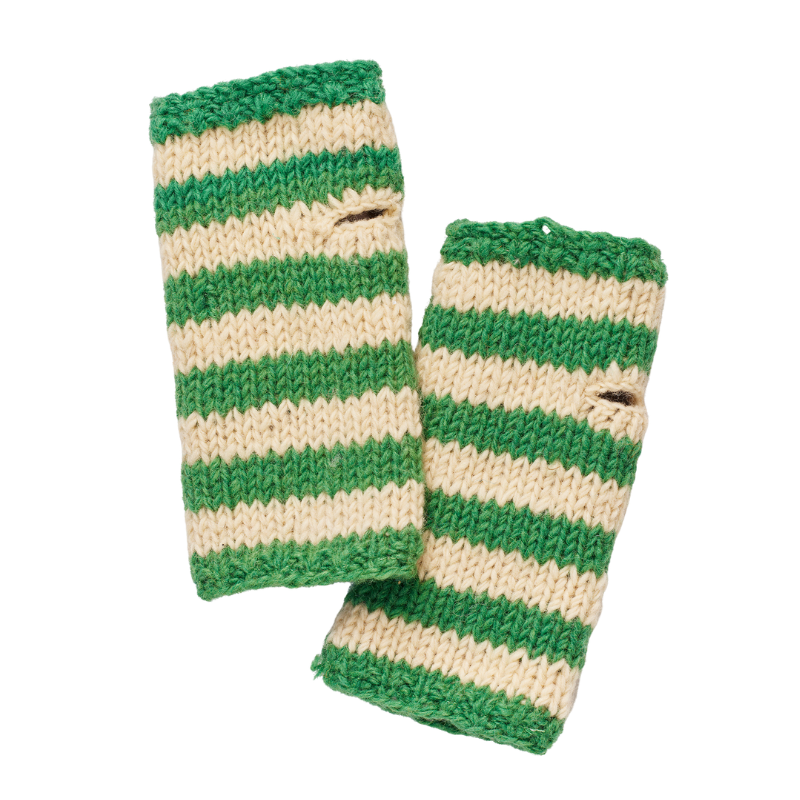 Striped Chunky Knit Fingerless Gloves - Green & Cream - Uneeka
