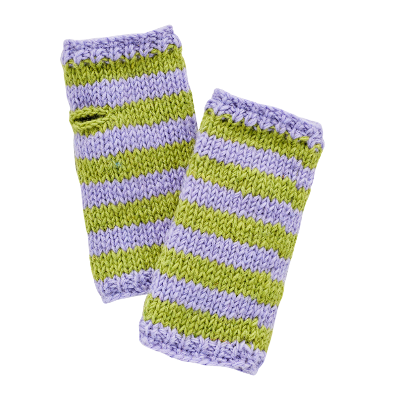 Striped Chunky Knit Fingerless Gloves - Green & Lilac - Uneeka