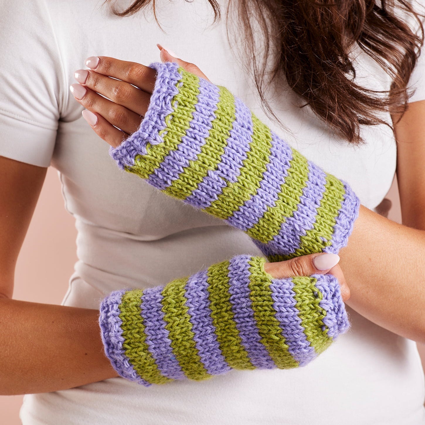 Striped Chunky Knit Fingerless Gloves - Green & Lilac - Uneeka