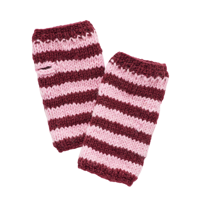 Striped Chunky Knit Fingerless Gloves - Pink & Burgundy - Uneeka