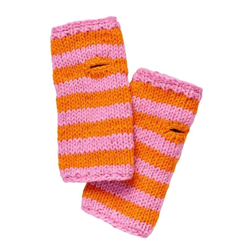 Striped Chunky Knit Fingerless Gloves -  Pink & Orange - Uneeka