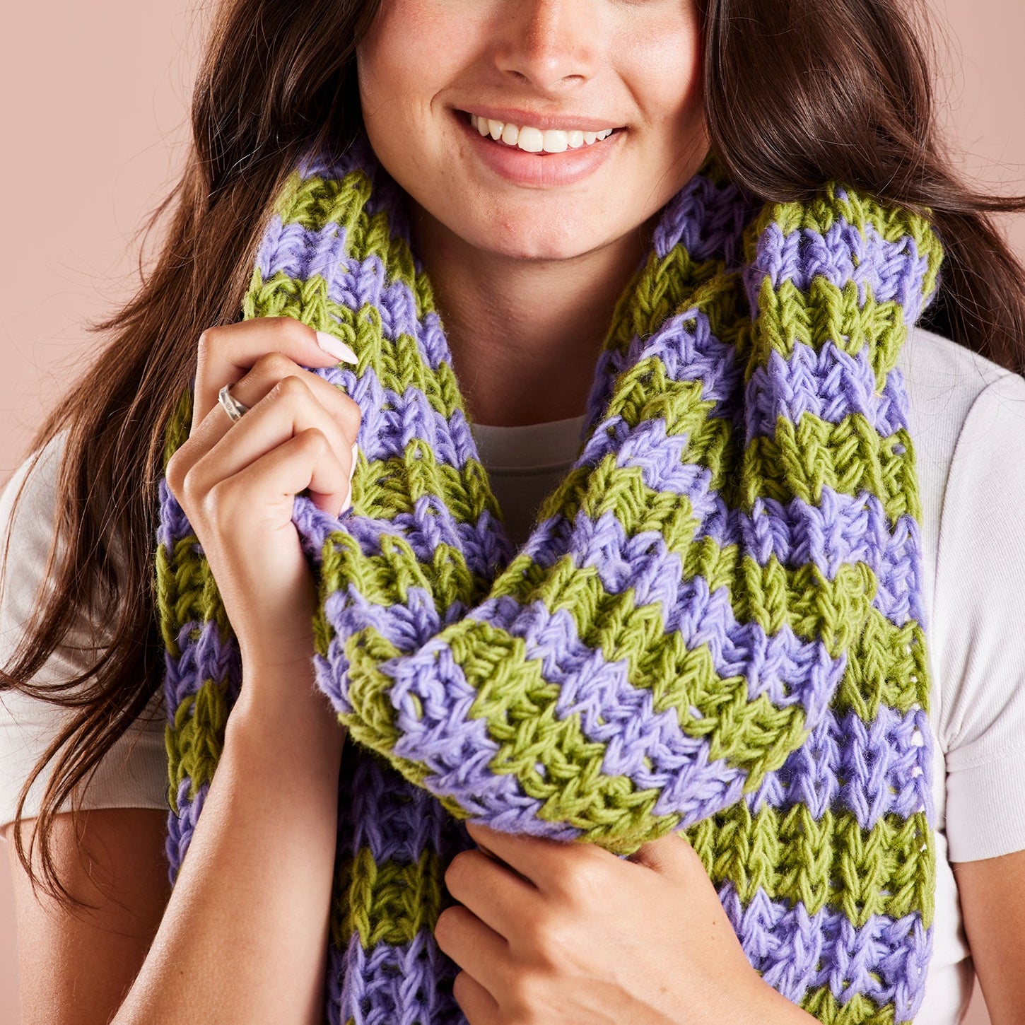 Striped Chunky Knit Scarf - Green & Lilac - Uneeka