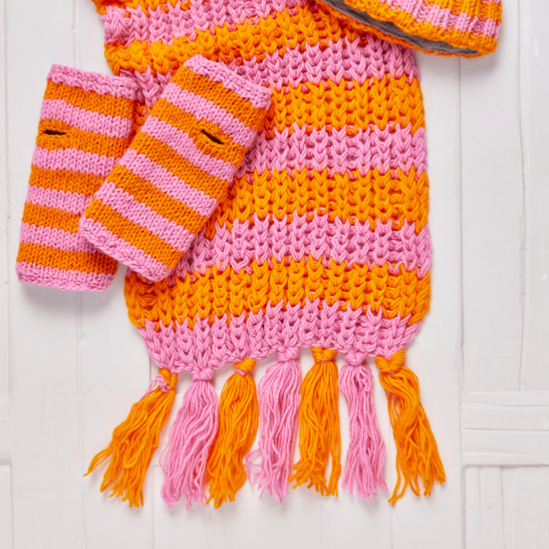 Striped Chunky Knit Scarf - Pink & Orange - Uneeka