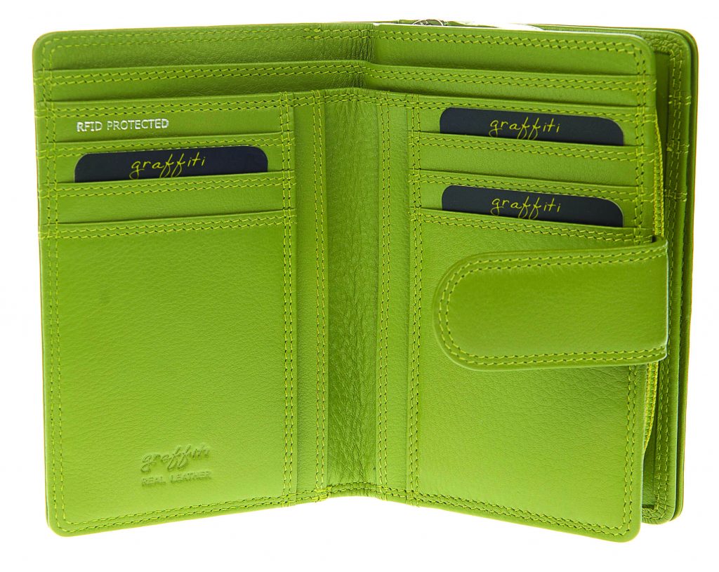 Stud Closure Brightly Coloured Leather Wallet Purse Lime Green