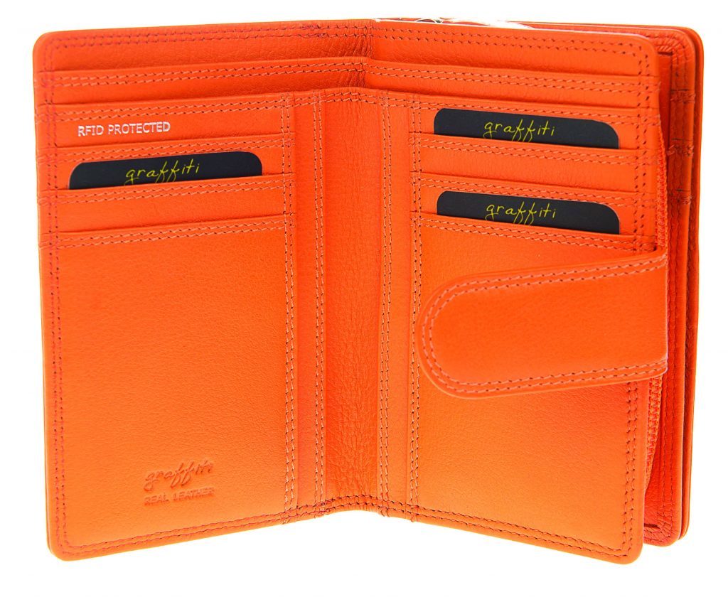 Stud Closure Brightly Coloured Leather Wallet Purse Orange
