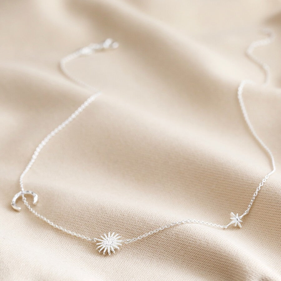 Sun & Crescent Moon Silver Chain Necklace