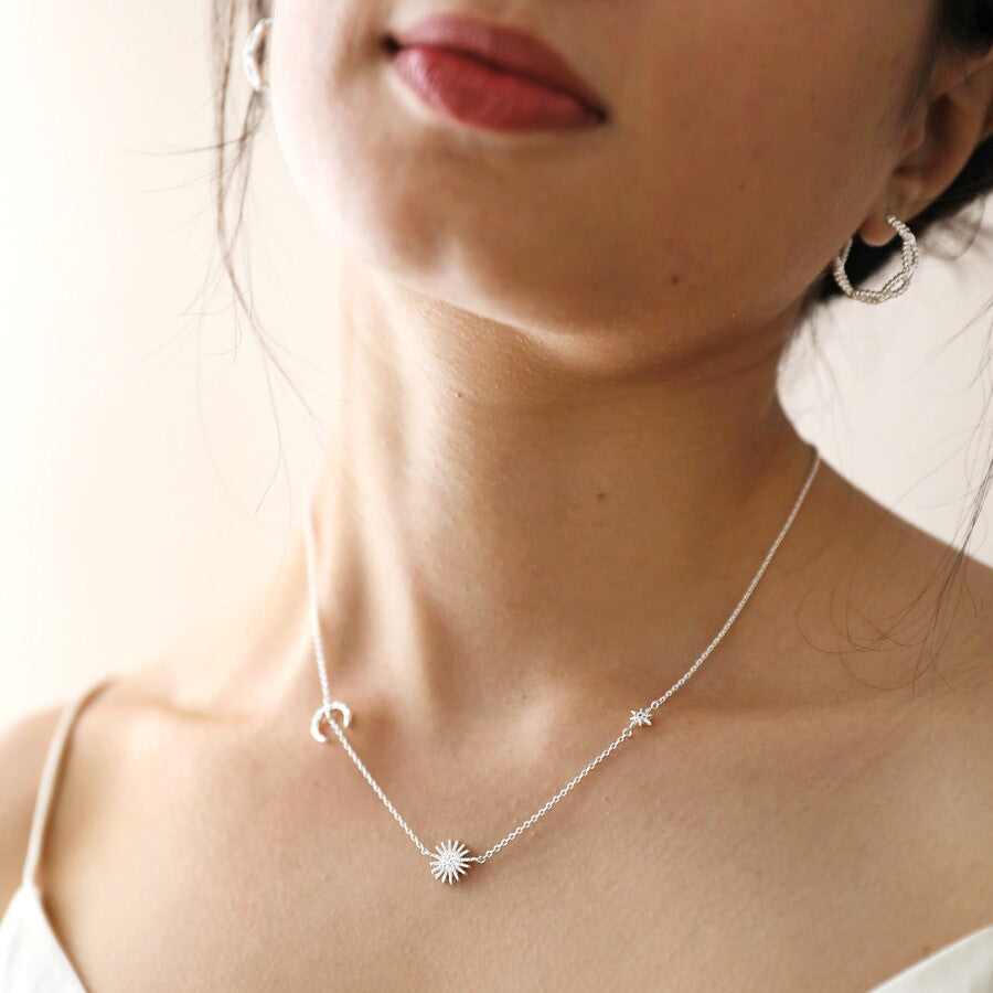Sun & Crescent Moon Silver Chain Necklace being worn