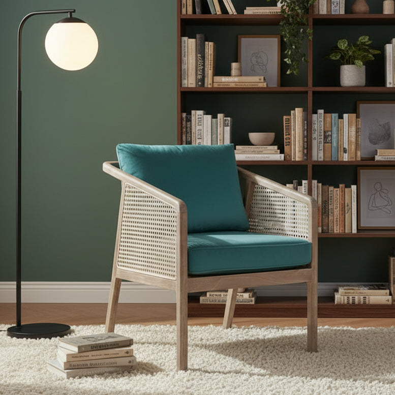 Sungkai & Rattan Occasional Chair With Green Cushions - TH02 - Uneeka