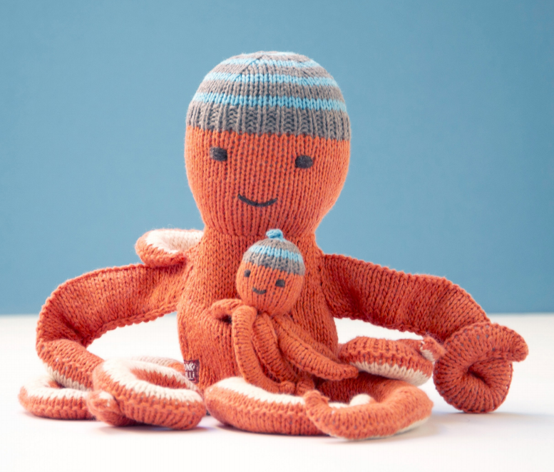 Hand Knitted Orange Octopus Pocket Puppet With Baby