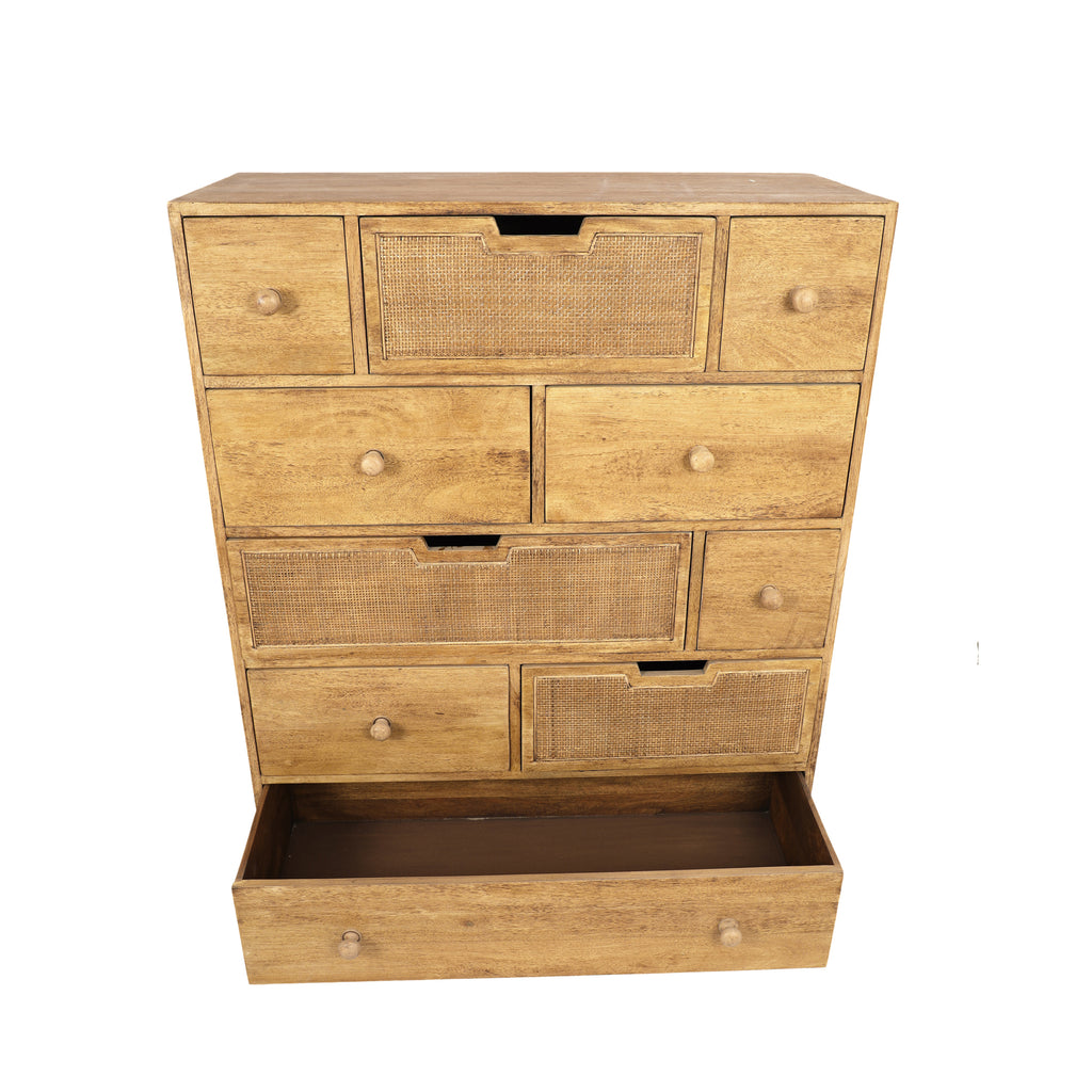 Tall French Style Natural Rattan Chest of 10 Drawers front view - drawer open