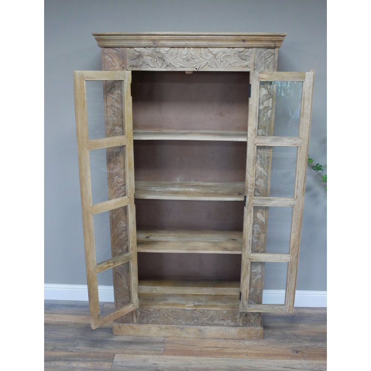 Tall Mango Wood Carved Display Shelved Cabinet open glass doors, four internal large shelves