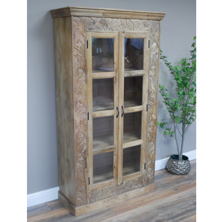Tall Mango Wood Carved Display Shelved Cabinet side on view closed glass doors