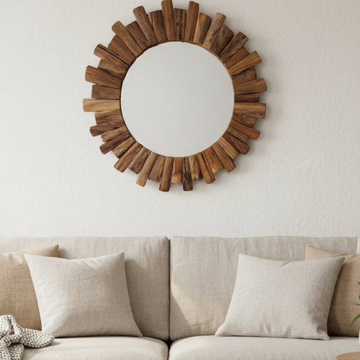 Natural Teak 80cm Round Mirror - IS045 - Uneeka