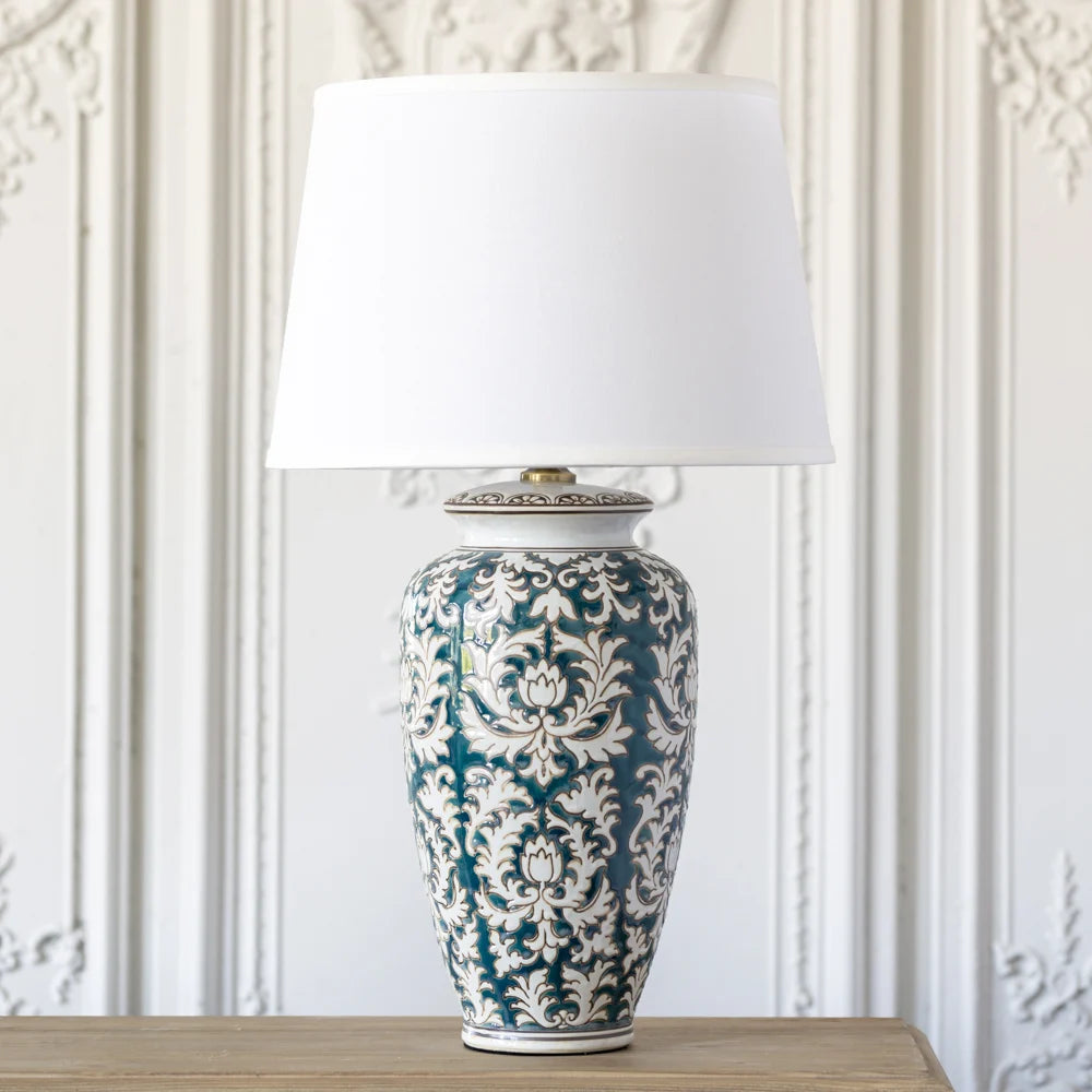 Teal Thistle Design Table Lamp With White Shade