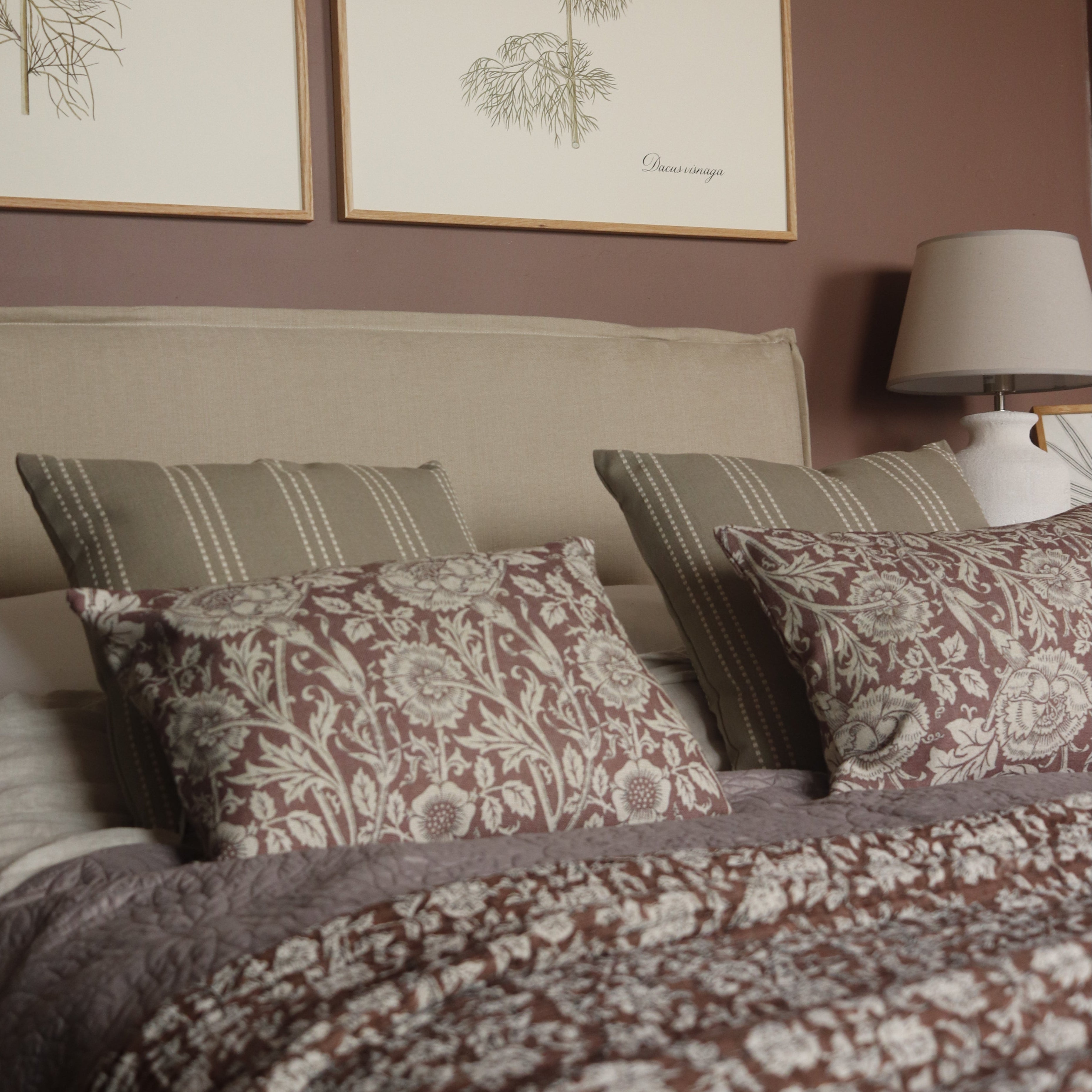 Thistle Floral Print Rectangular Cushion Uneeka - purple wall with framed oak art prints and block print cushions and throws on linen bed