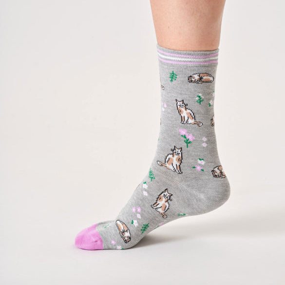 Thought Floral Cat Organic Cotton Socks - TA650C Grey Marl - Uneeka