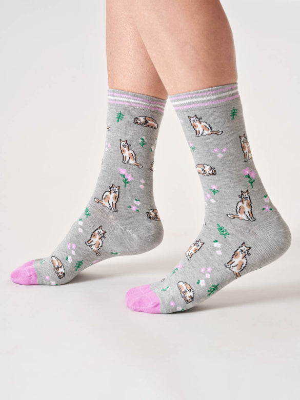 Thought Floral Cat Organic Cotton Socks - TA650C Grey Marl - Uneeka
