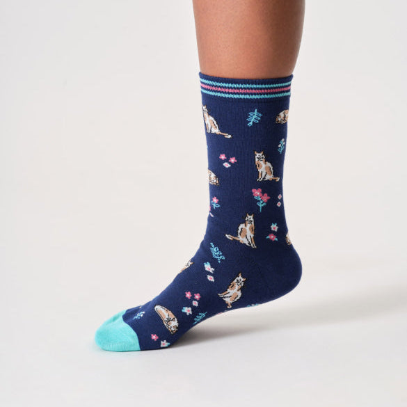 Thought Floral Cat Organic Cotton Socks - TA650C Midnight Blue - Uneeka