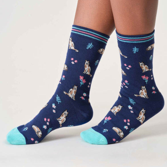 Thought Floral Cat Organic Cotton Socks - TA650C Midnight Blue - Uneeka