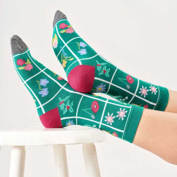 Thought Floral Checkerboard Organic Cotton Socks - TA651C Jewel Green - Uneeka