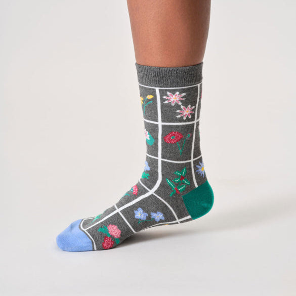 Thought Floral Checkerboard Organic Cotton Socks - TA651C Dark Grey Marl - Uneeka