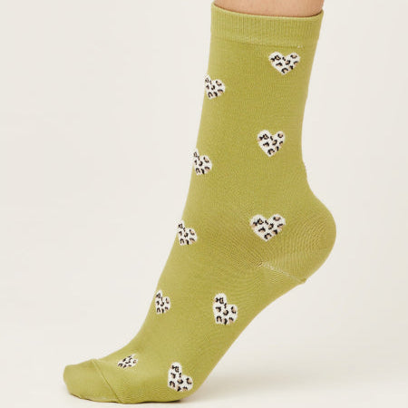 Thought Leopard Print Heart Organic Cotton Socks - SPW729-Pea Green - Uneeka
