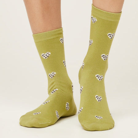 Thought Leopard Print Heart Organic Cotton Socks - SPW729-Pea Green - Uneeka